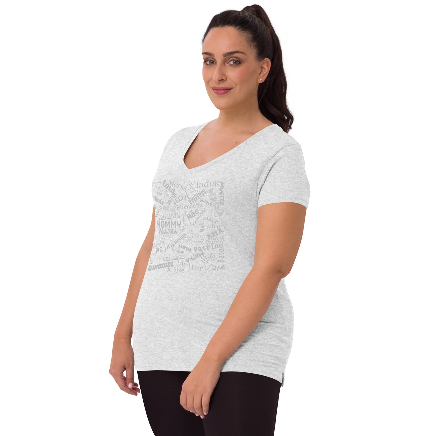 Mom in multiple languages in silver Mother’s Day t-shirt Women’s recycled v-neck t-shirt