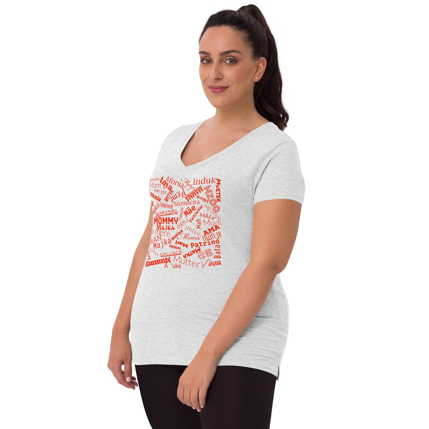 Mom in multiple languages in red Mother’s Day t-shirt Women’s recycled v-neck t-shirt