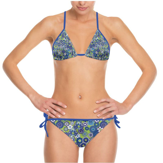 Blue Flowers on Lime - Bikini top comes in Bra sizes