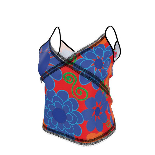 Bold Red Flowera On Navy Camisole