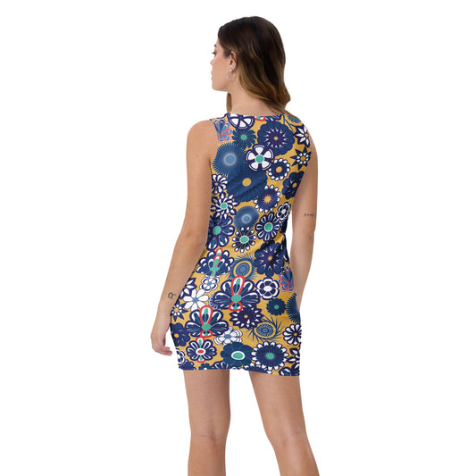 Navy Floral on Peach Tank Dress, Body Con Dress