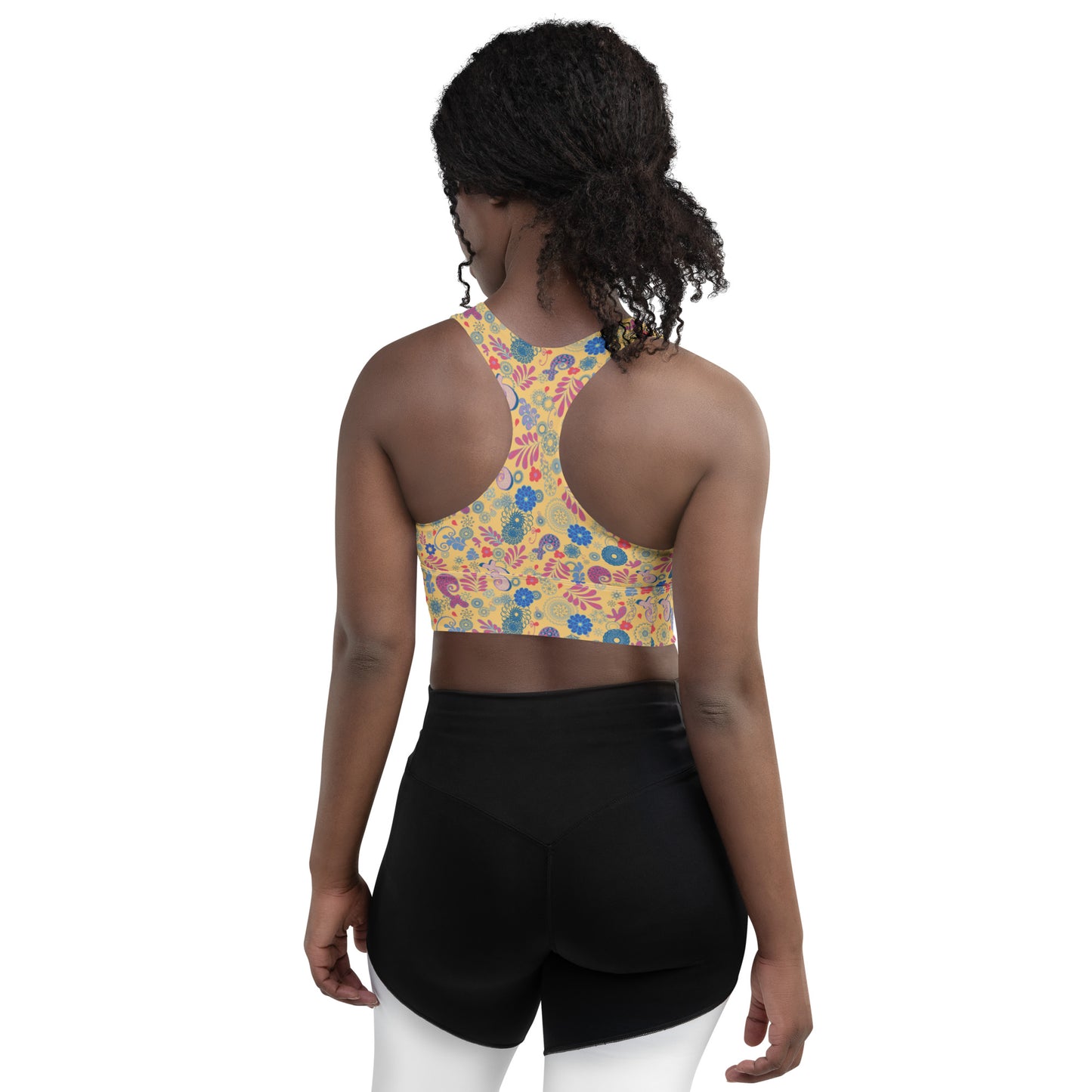 Lilly Longline sports bra, Mustard Paisley