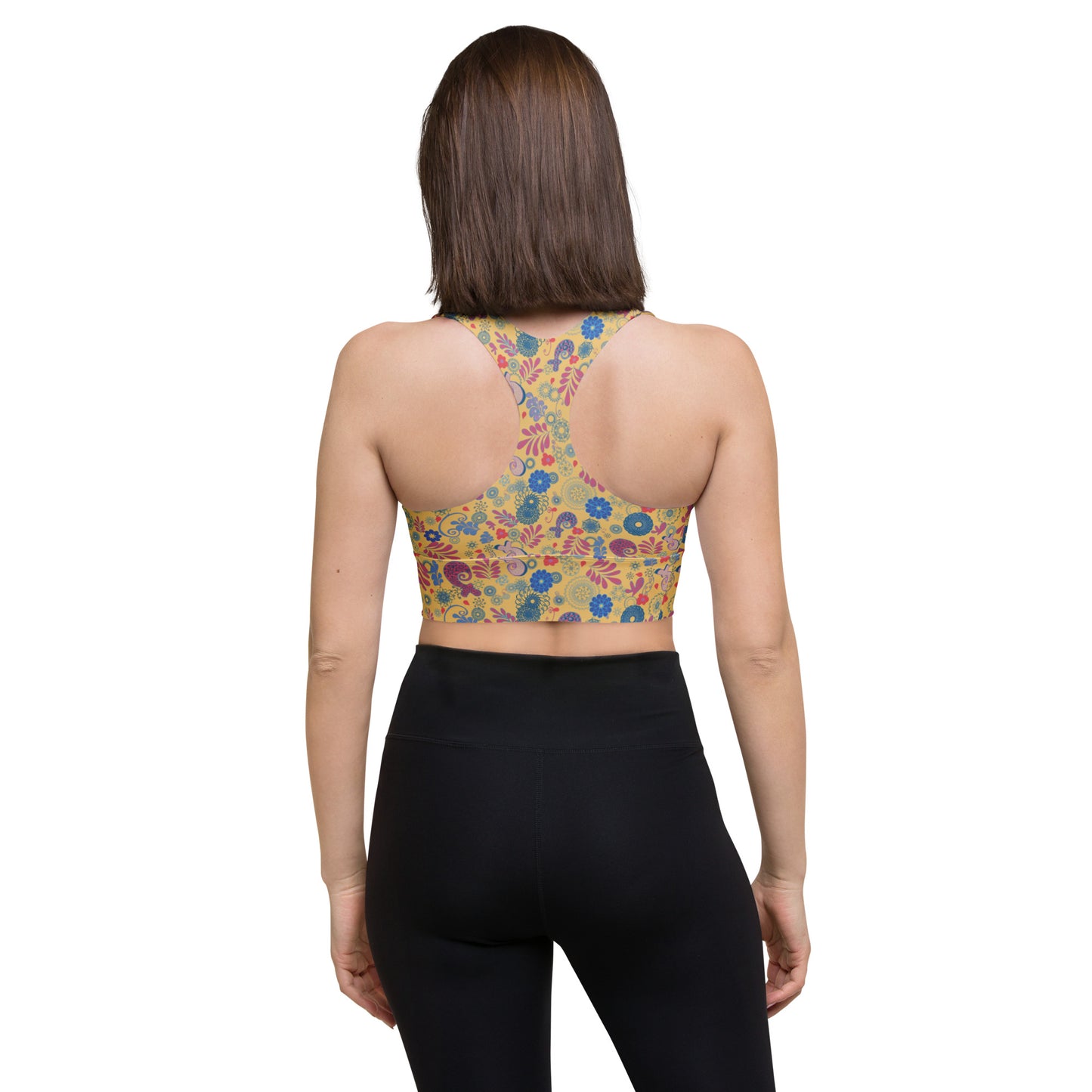 Lilly Longline sports bra, Mustard Paisley