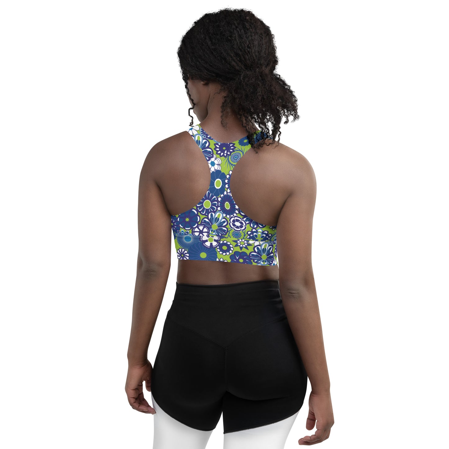 Lilly Longline sports bra, Navy on Lime