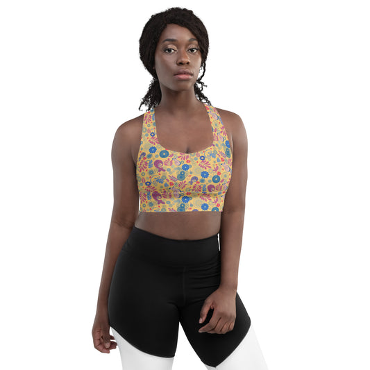 Lilly Longline sports bra, Mustard Paisley
