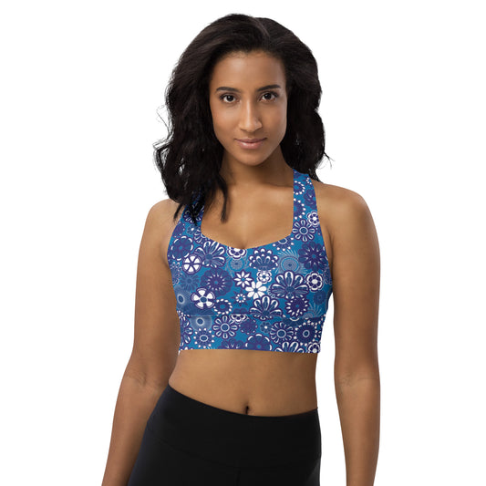 Lilly Longline sports bra, Navy Flower on Navy