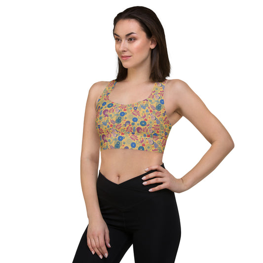 Lilly Longline sports bra, Mustard Paisley
