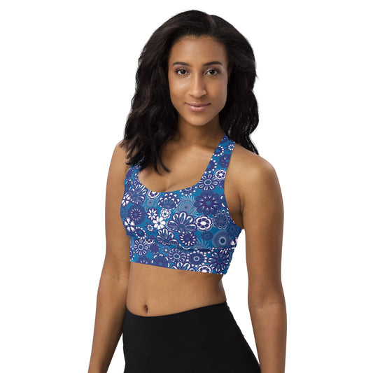 Lilly Longline sports bra, Navy Flower on Navy