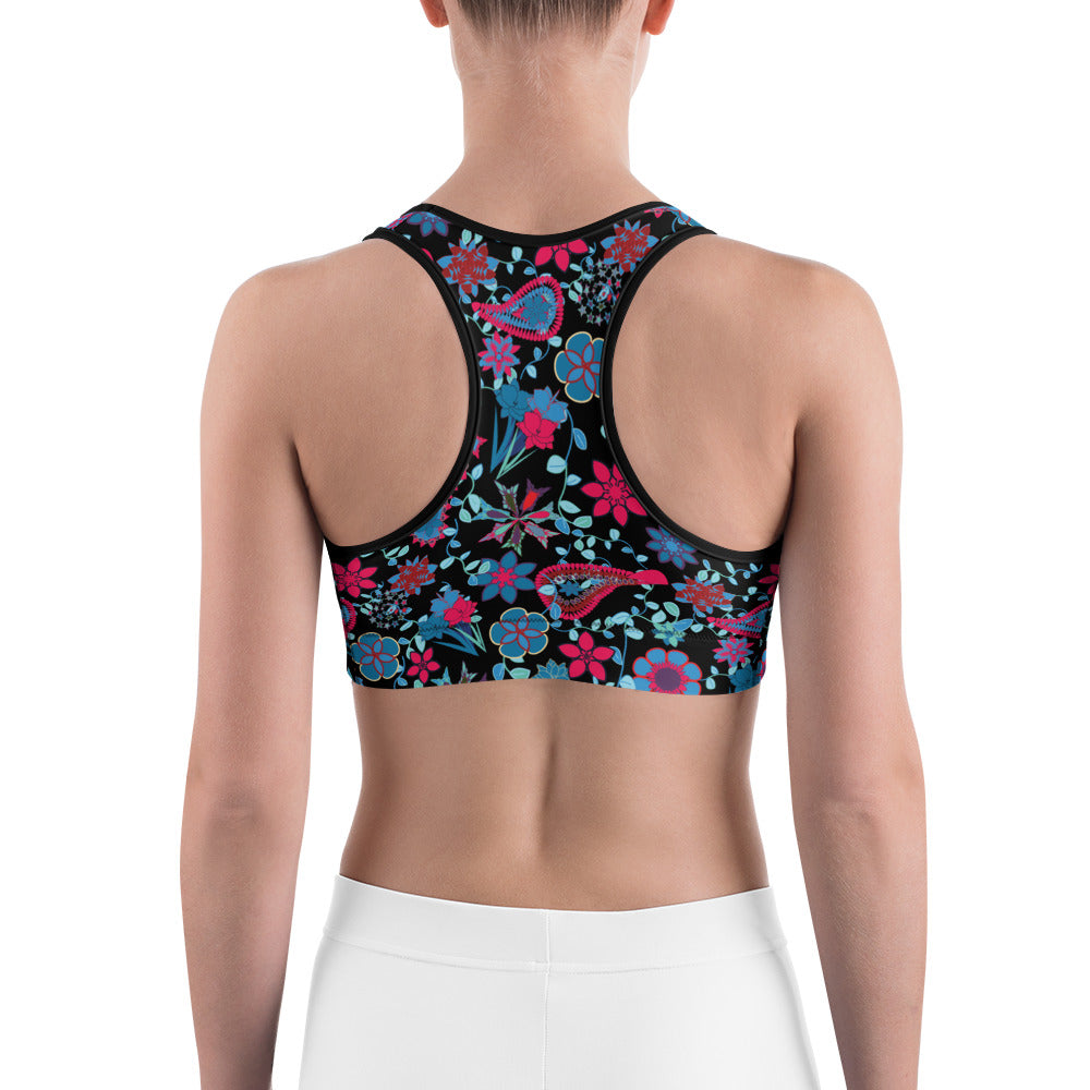 Spring Paisley Black Sports bra for women, moisture-wicking material