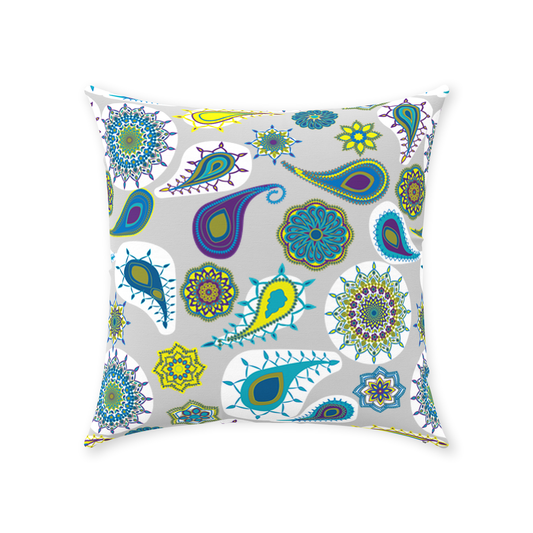 Paisley Pop - Olive and Blue on White Throw Pillows