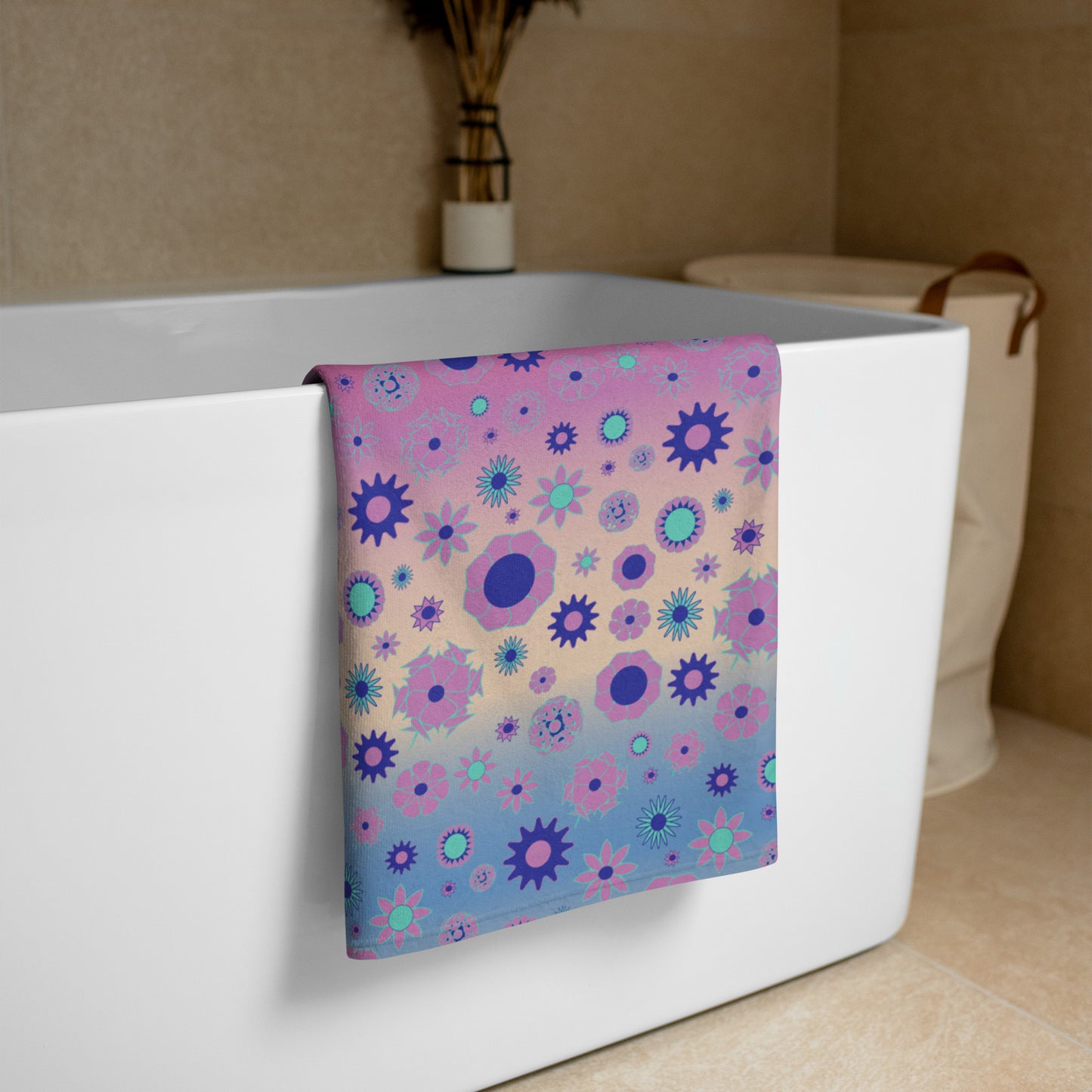 Peach Tie Dye Floral 30"x60" Beach Towel, Large Towel, Yoga & Pilates Towel
