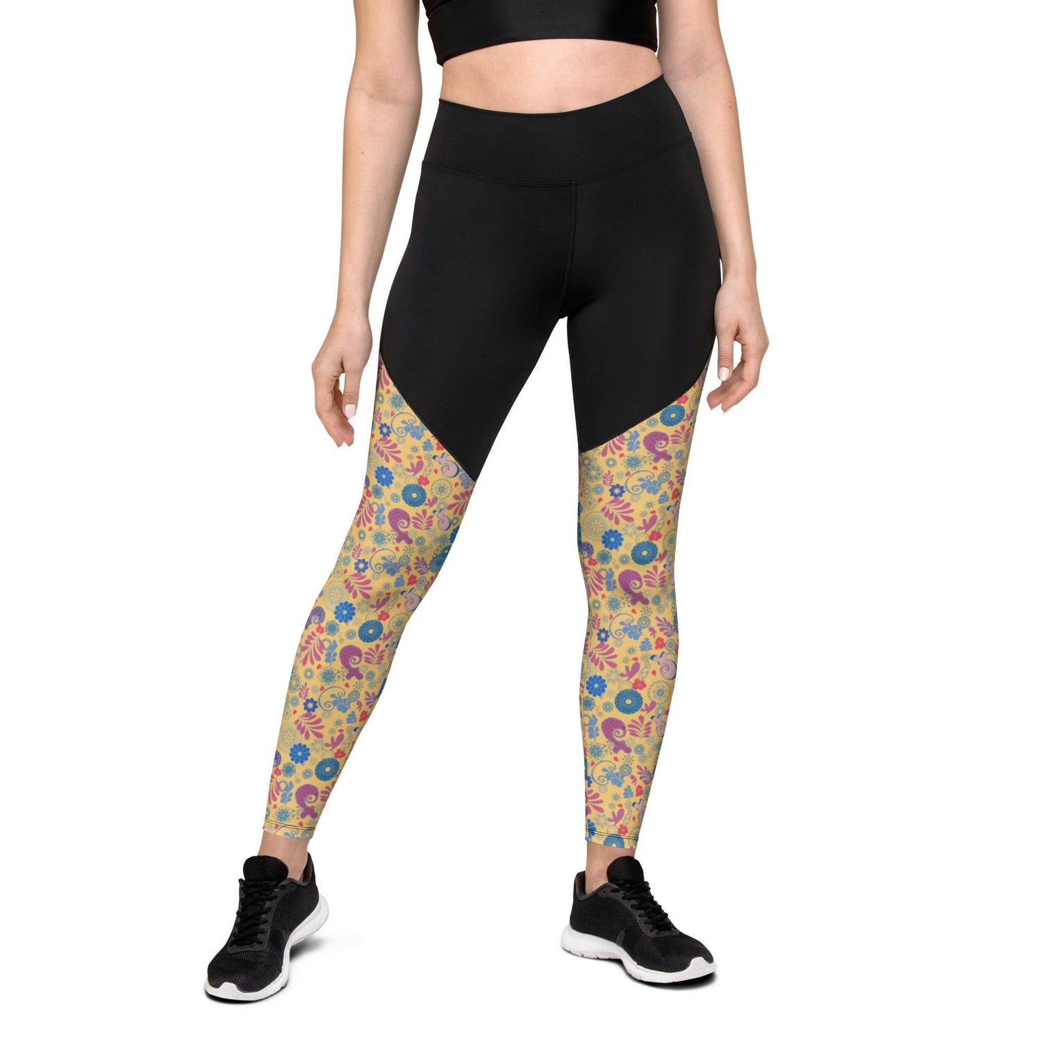 Black Sporty Yoga Leggings with a Splash of Pattern