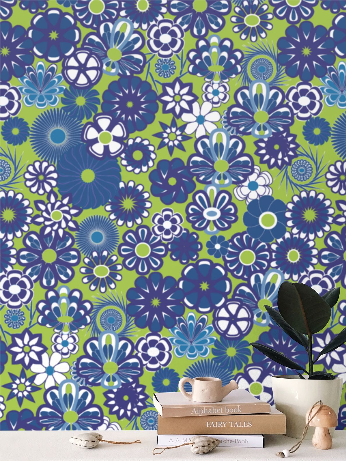 Blue Floral on Lime