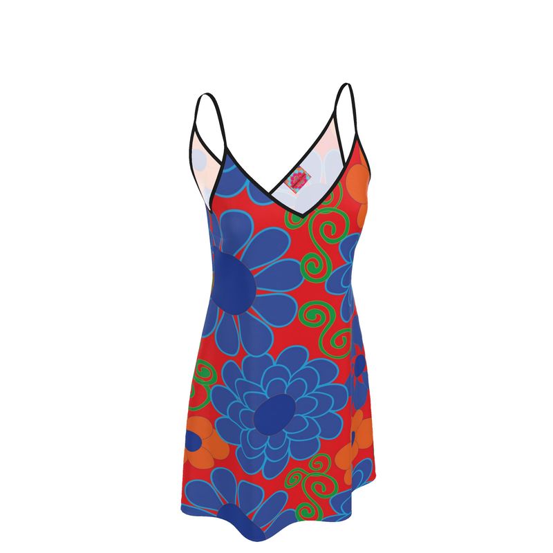 Bold Blue Floral Slip Dress in Red- Lace Detail