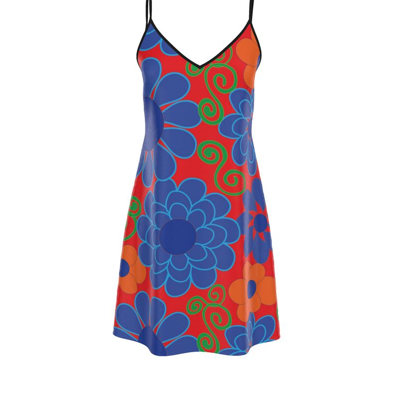 Bold Blue Floral Slip Dress in Red- Lace Detail