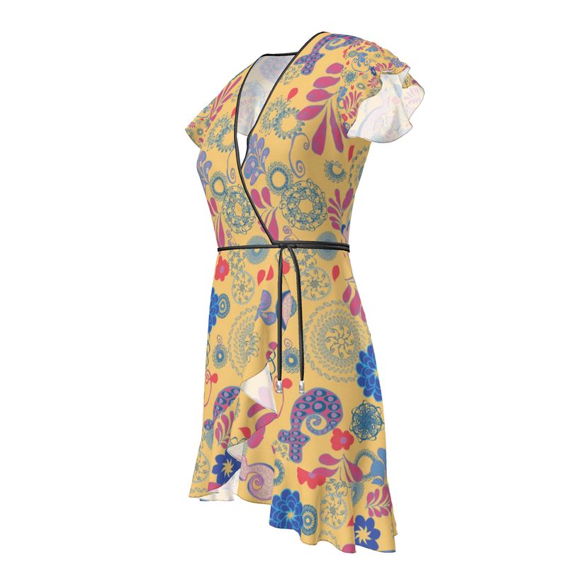 Peachy & Bright Wrap Dress with Flouncy sleeve & Hem