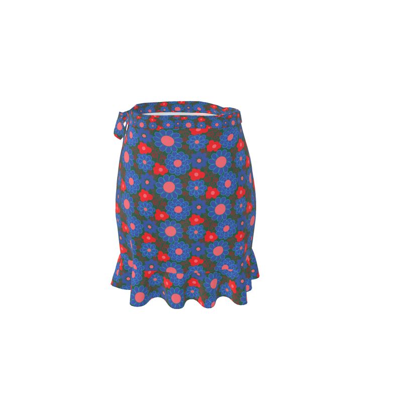 Floral Red buds on green wrap skirt