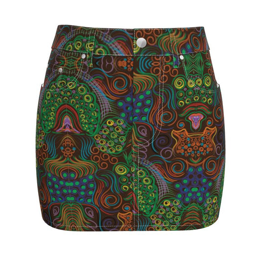 Yellow Poufs and Swirls Denim Mini Skirt