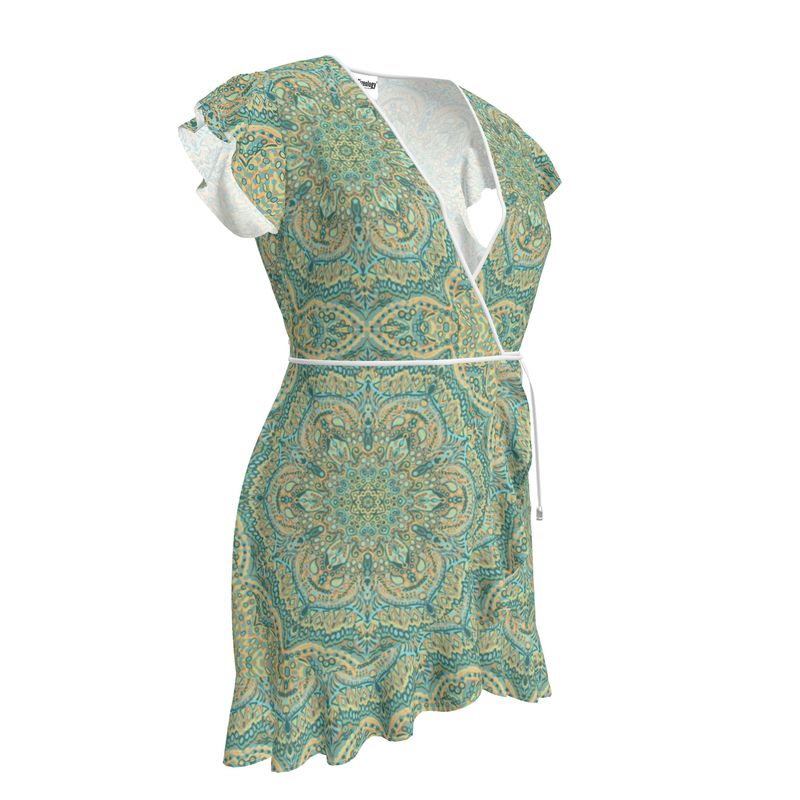 Minty Green Medalion Flounce wrap dress