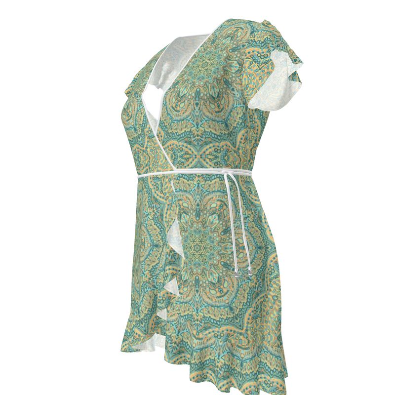 Minty Green Medalion Flounce wrap dress