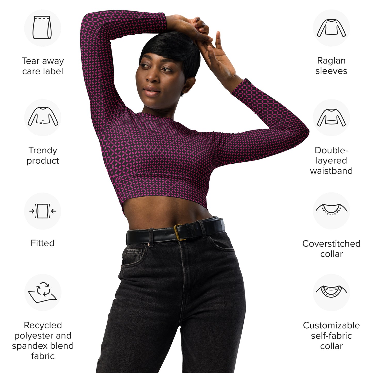 Black pink Recycled Longline Sports Bra Recycled long-sleeve crop top