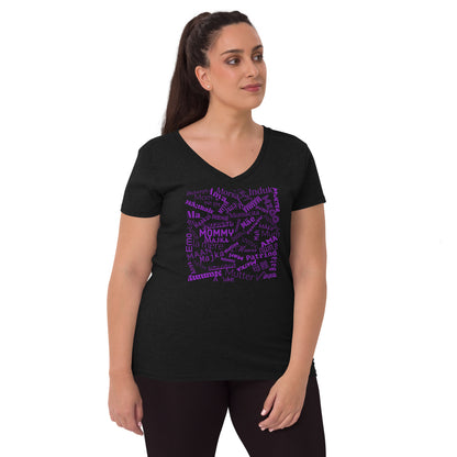 Mom in multiple languages in purple Mother’s Day t-shirt Women’s recycled v-neck t-shirt