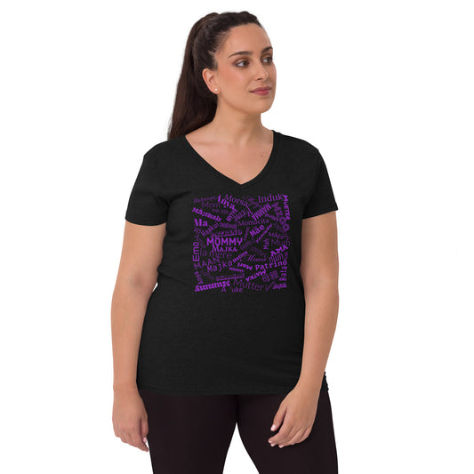 Mom in multiple languages in purple Mother’s Day t-shirt Women’s recycled v-neck t-shirt