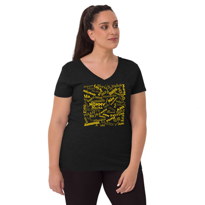 Mom in multiple languages in yellow Mother’s Day t-shirt Women’s recycled v-neck t-shirt