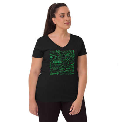 Mom in multiple languages in green Mother’s Day t-shirt Women’s recycled v-neck t-shirt