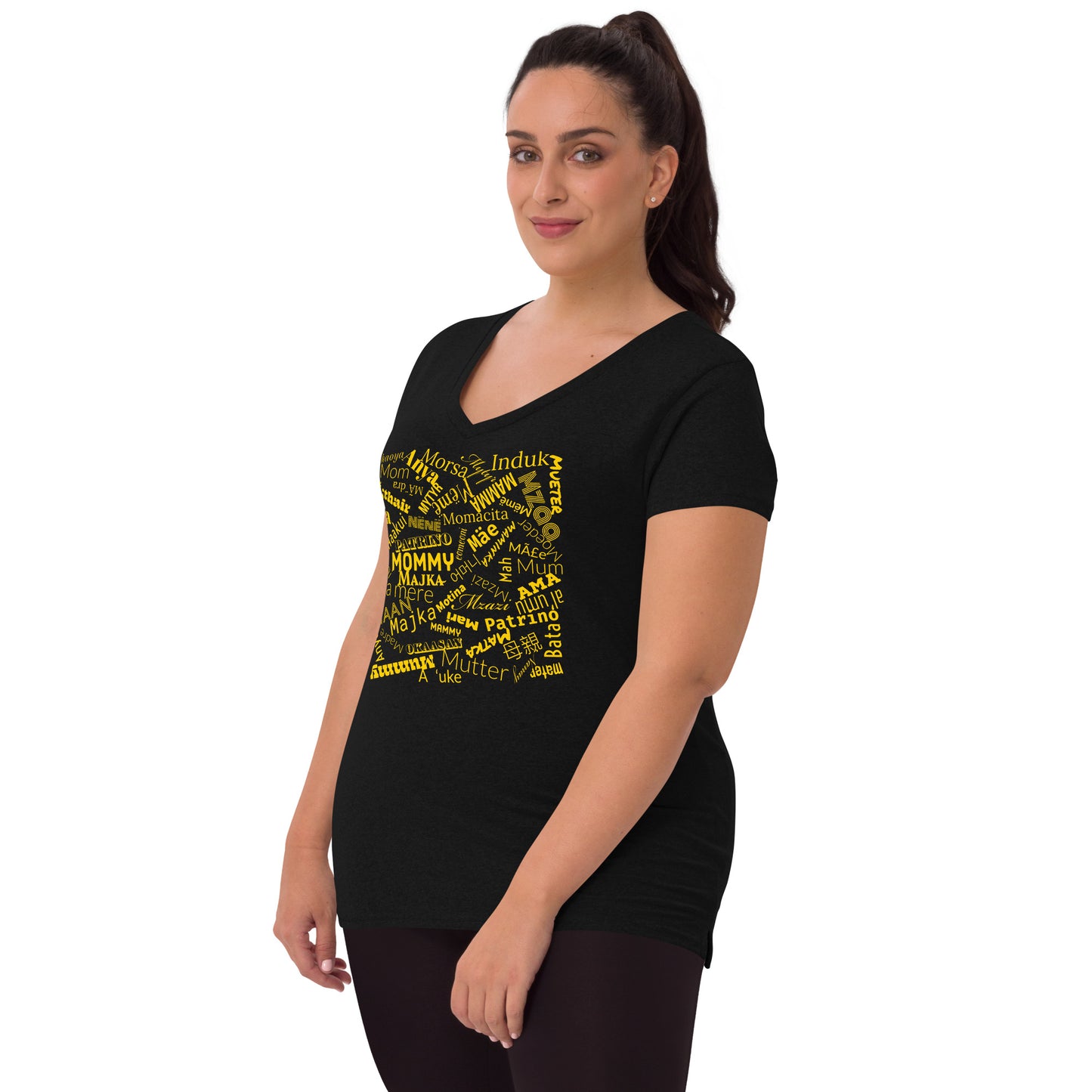 Mom in multiple languages in yellow Mother’s Day t-shirt Women’s recycled v-neck t-shirt