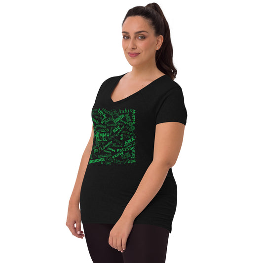 Mom in multiple languages in green Mother’s Day t-shirt Women’s recycled v-neck t-shirt
