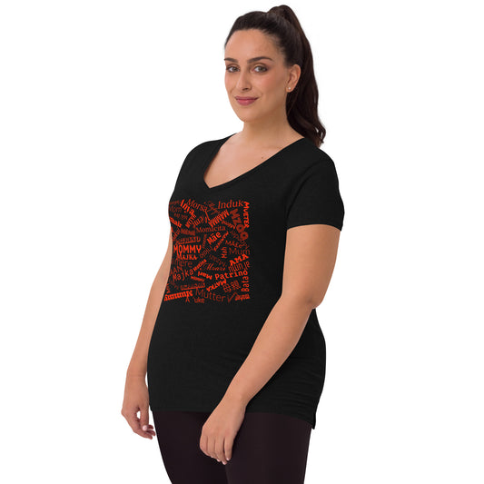 Mom in multiple languages in red Mother’s Day t-shirt Women’s recycled v-neck t-shirt