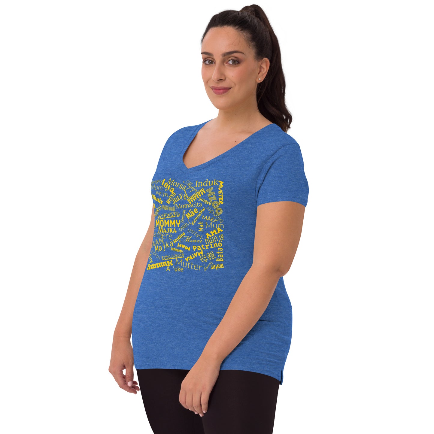 Mom in multiple languages in yellow Mother’s Day t-shirt Women’s recycled v-neck t-shirt