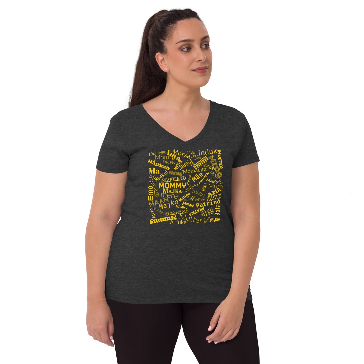 Mom in multiple languages in yellow Mother’s Day t-shirt Women’s recycled v-neck t-shirt