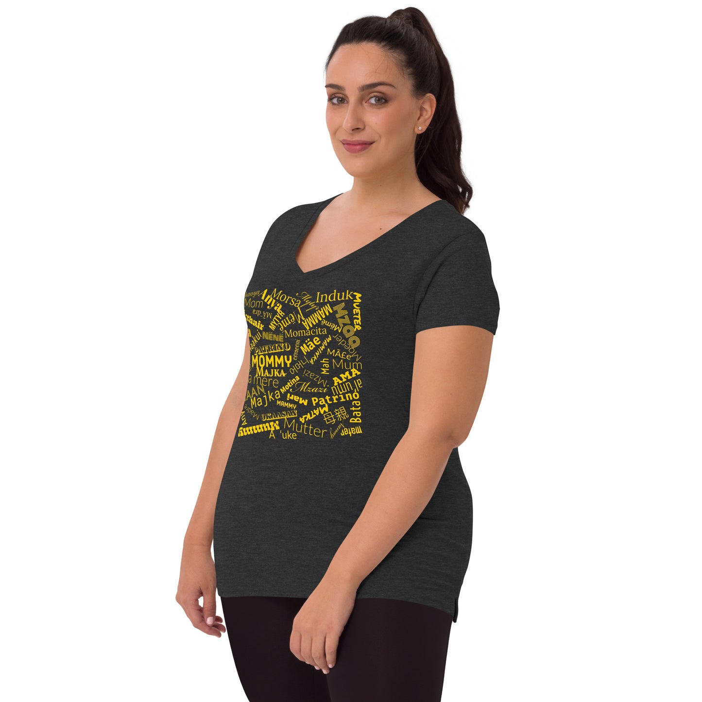 Mom in multiple languages in yellow Mother’s Day t-shirt Women’s recycled v-neck t-shirt