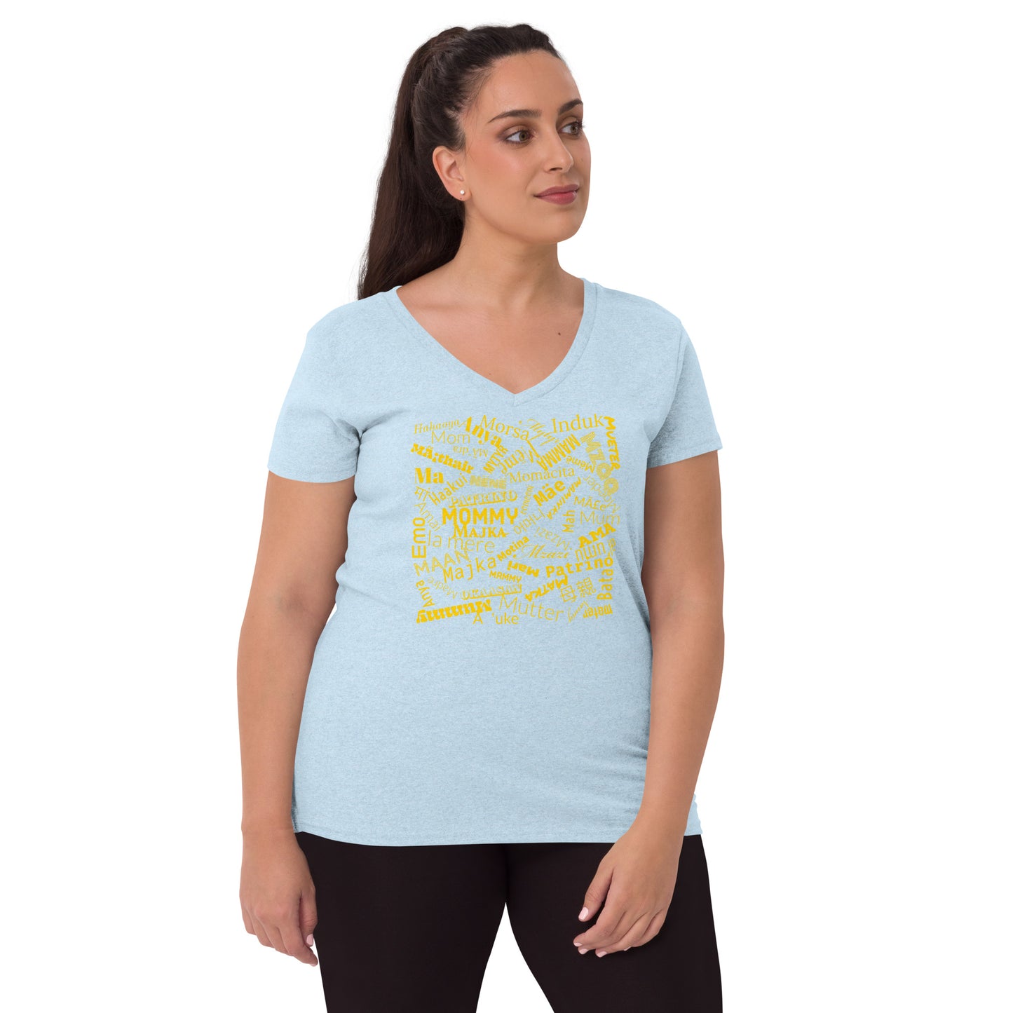 Mom in multiple languages in yellow Mother’s Day t-shirt Women’s recycled v-neck t-shirt