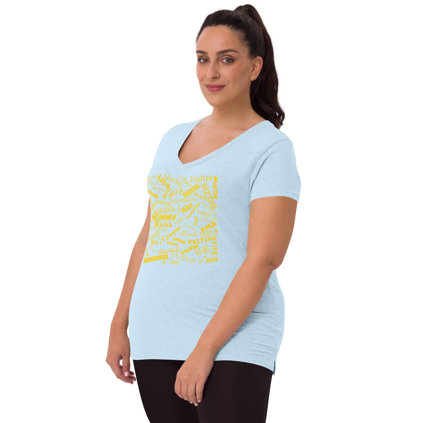 Mom in multiple languages in yellow Mother’s Day t-shirt Women’s recycled v-neck t-shirt