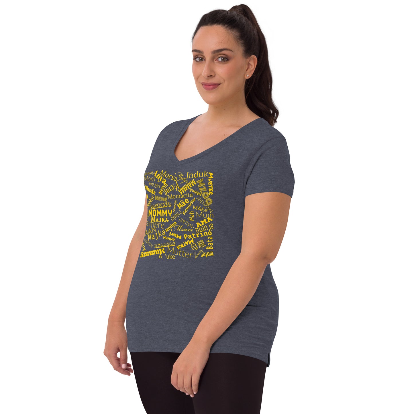 Mom in multiple languages in yellow Mother’s Day t-shirt Women’s recycled v-neck t-shirt