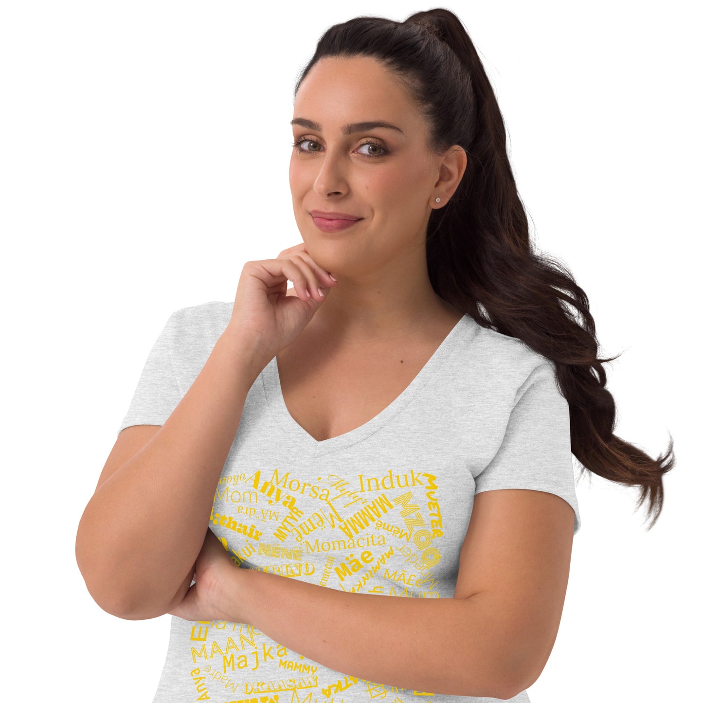 Mom in multiple languages in yellow Mother’s Day t-shirt Women’s recycled v-neck t-shirt