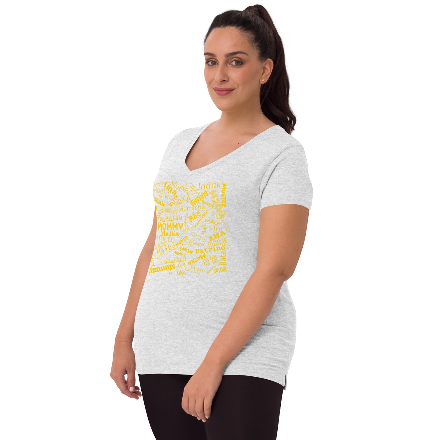 Mom in multiple languages in yellow Mother’s Day t-shirt Women’s recycled v-neck t-shirt