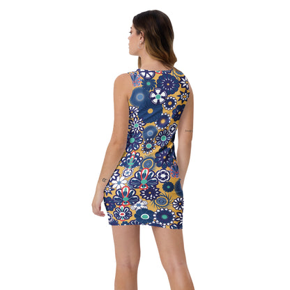 Navy Floral on Peach Tank Dress, Body Con Dress