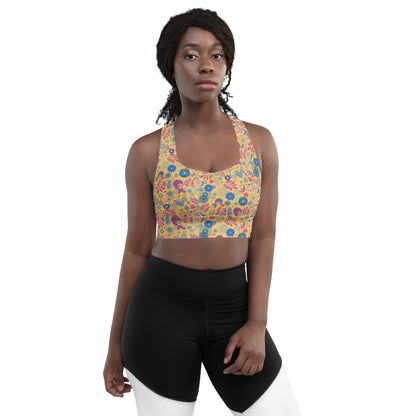 Lilly Longline sports bra, Mustard Paisley