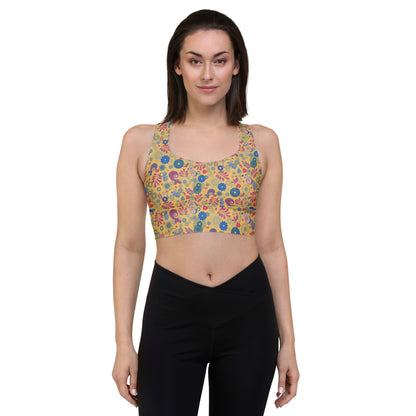 Lilly Longline sports bra, Mustard Paisley