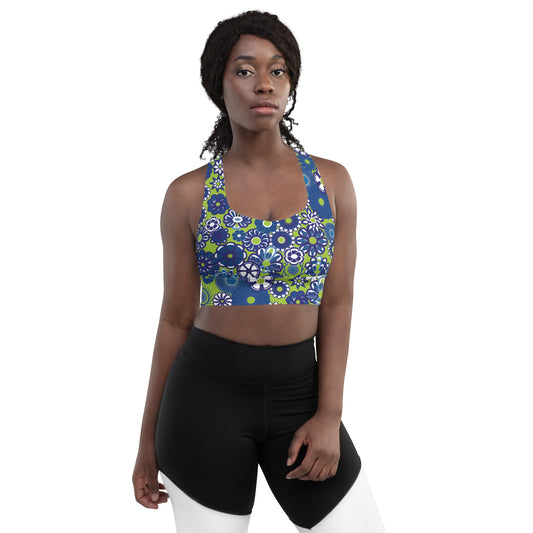 Lilly Longline sports bra, Navy on Lime