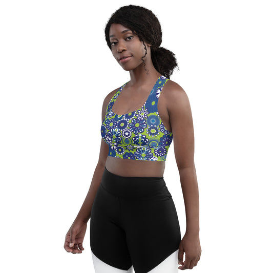 Lilly Longline sports bra, Navy on Lime
