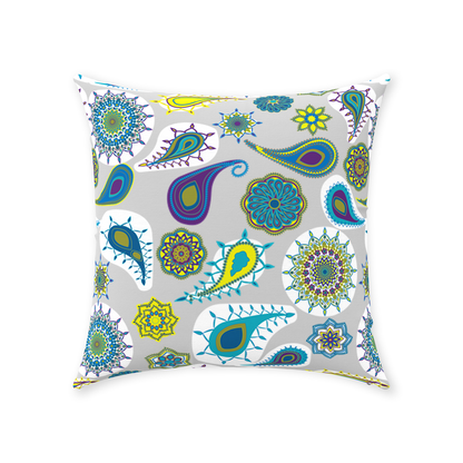 Paisley Pop - Olive and Blue on White Throw Pillows