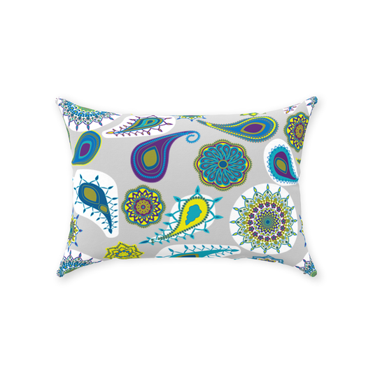 Paisley Pop - Olive and Blue on White Throw Pillows